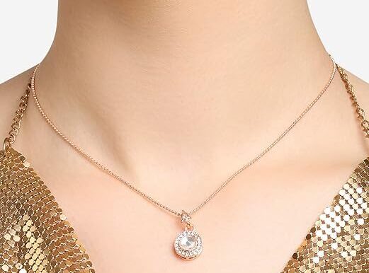 PEARLS Rose Gold Contemporary Austrian Diamond Embellished Round Shape Pendant & Chain For Women