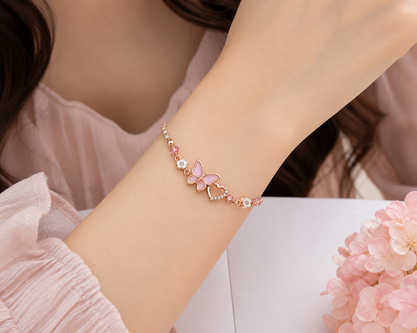 Butterfly Charm Bracelet for Girls – Rose Gold Crystal Design - Image 2