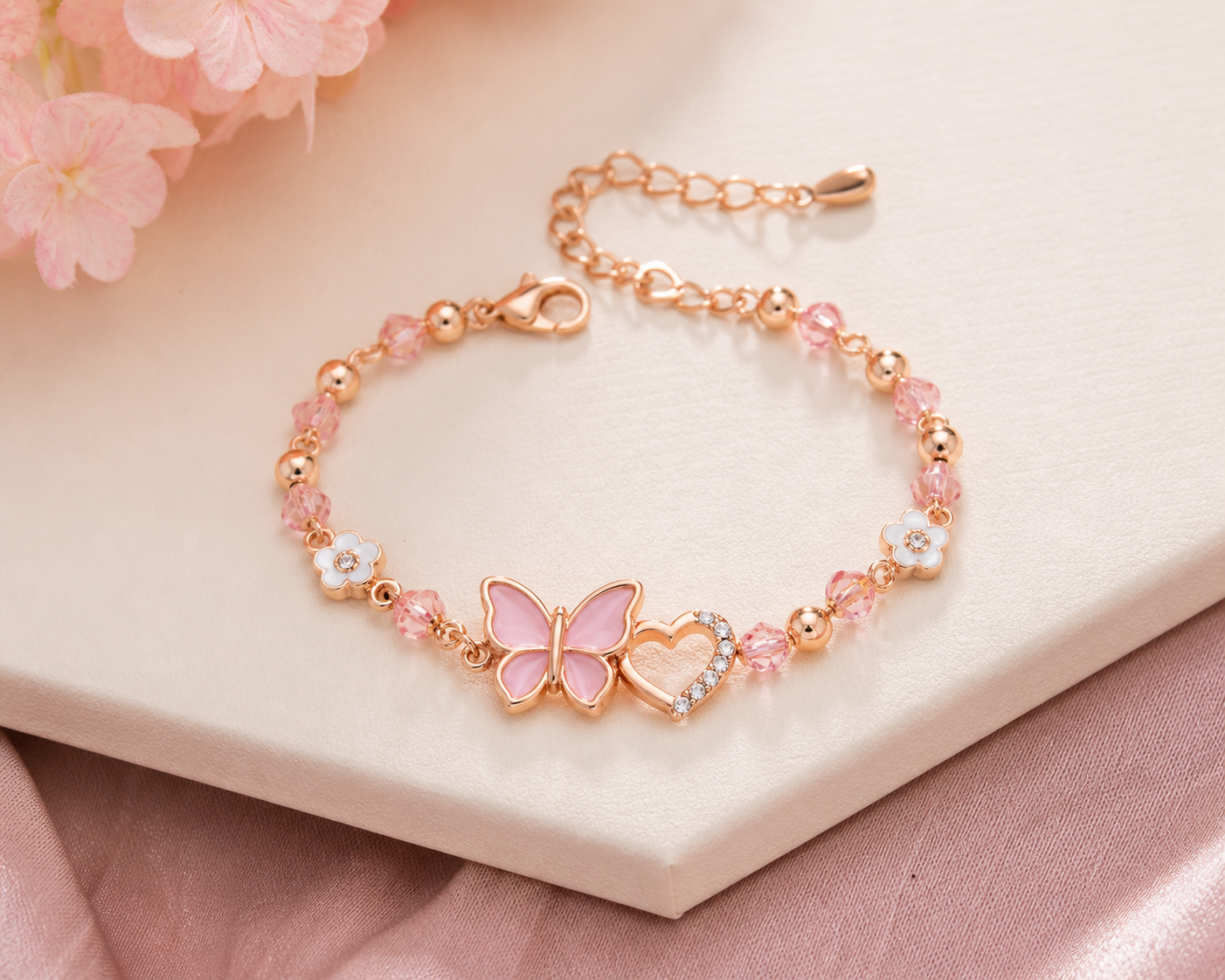 Butterfly Charm Bracelet for Girls – Rose Gold Crystal Design