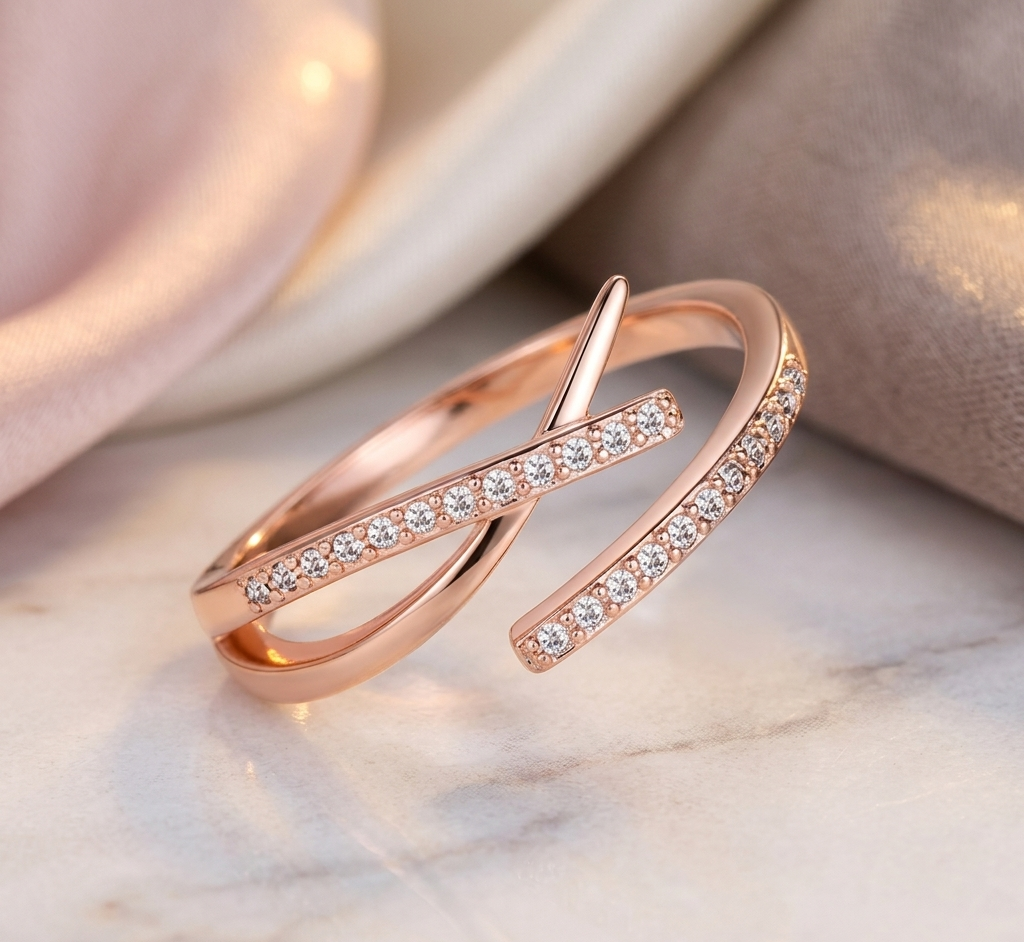 Rose Gold Plated American Diamond Studded Contemporary Korean Finger Ring