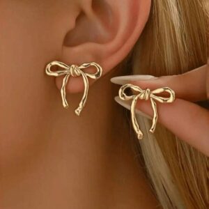 Sleek Sparkle Gold Bow Stud Earrings